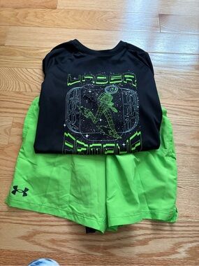 Under Armour Black Tee with Neon Green Graphic and Neon Green Shorts